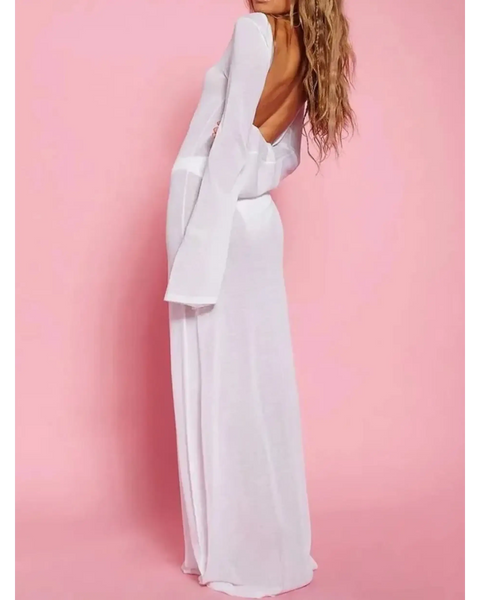 Trendsi white swimsuit cover up long sleeve maxi dress with backless design on model