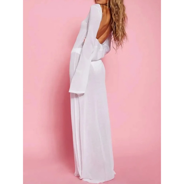 Trendsi white swimsuit cover up long sleeve maxi dress with backless design on model
