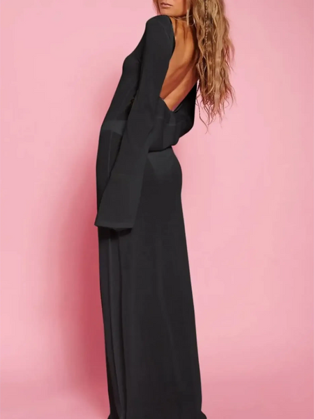 Trendsi black maxi dress with open back styled as white swimsuit cover up long sleeve beachwear
