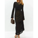 Trendsi black maxi dress worn as white swimsuit cover up long sleeve alternative for stylish beachwear