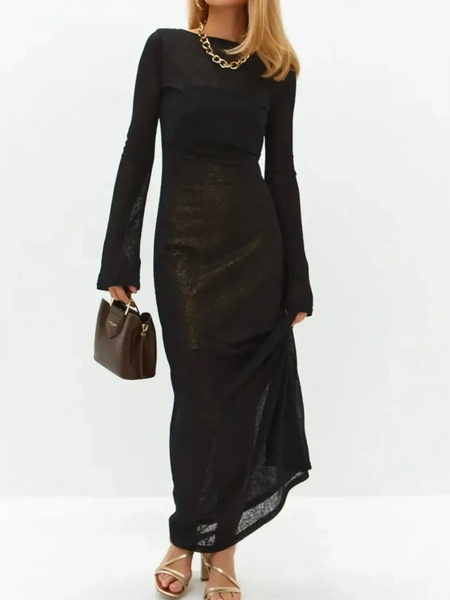 Trendsi black maxi dress worn as white swimsuit cover up long sleeve alternative for stylish beachwear