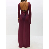 Trendsi maxi dress in deep burgundy with open back and long sleeves styled as white swimsuit cover up long sleeve