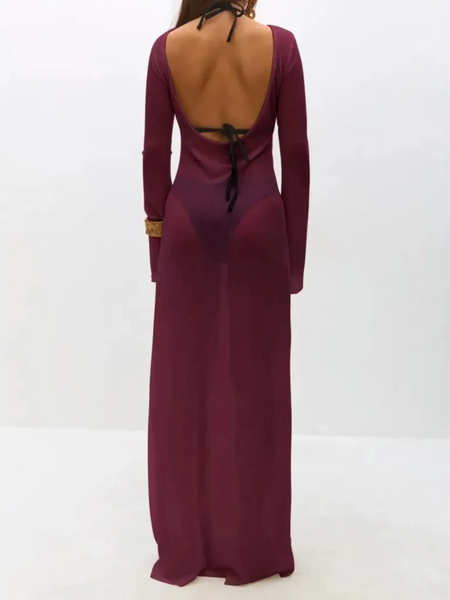 Trendsi maxi dress in deep burgundy with open back and long sleeves styled as white swimsuit cover up long sleeve