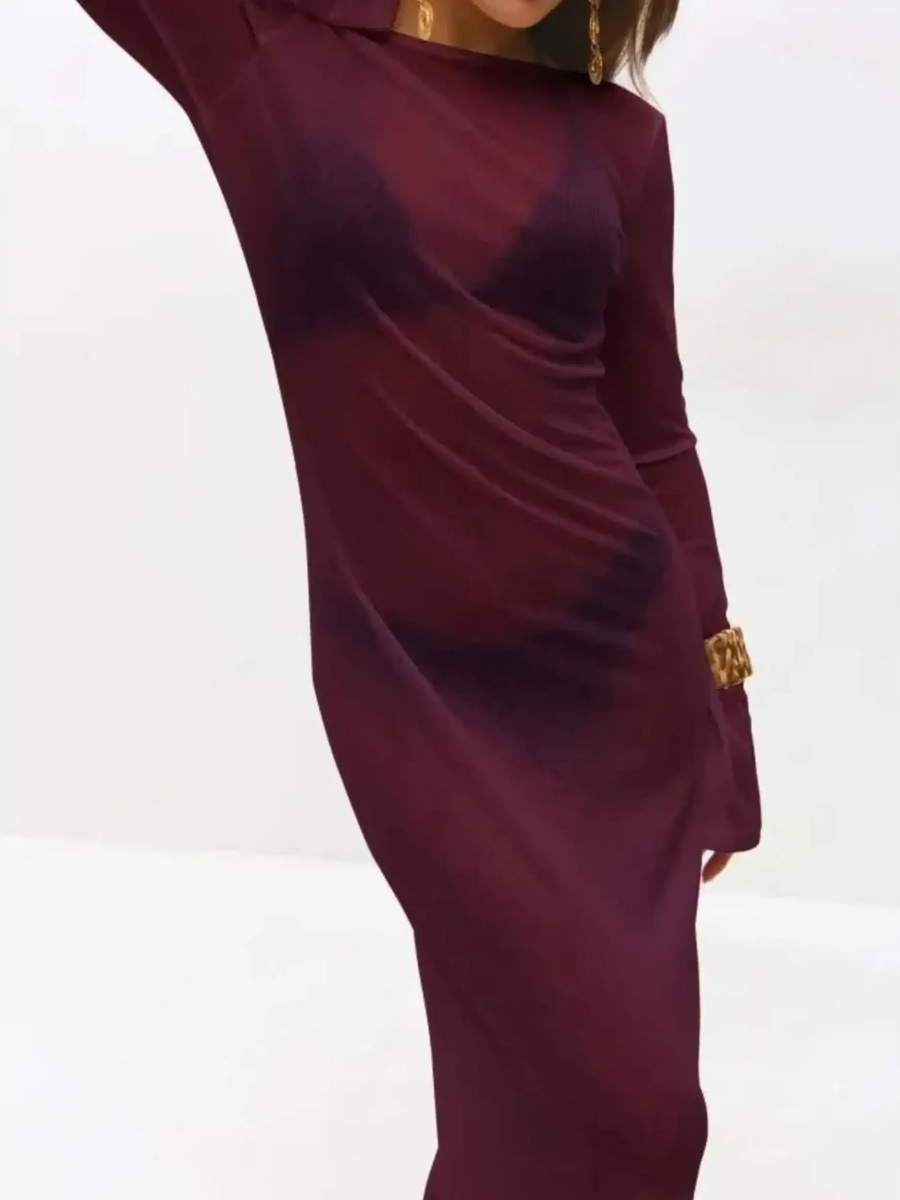 Trendsi maxi dress in maroon sheer fabric worn as white swimsuit cover up long sleeve style