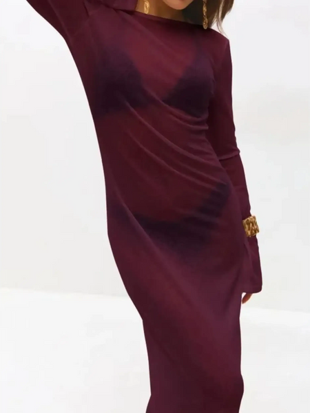 Trendsi maxi dress in maroon sheer fabric worn as white swimsuit cover up long sleeve style