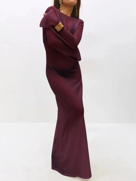 Trendsi maxi dress in deep burgundy with long sleeves and fitted silhouette not a white swimsuit cover up long sleeve
