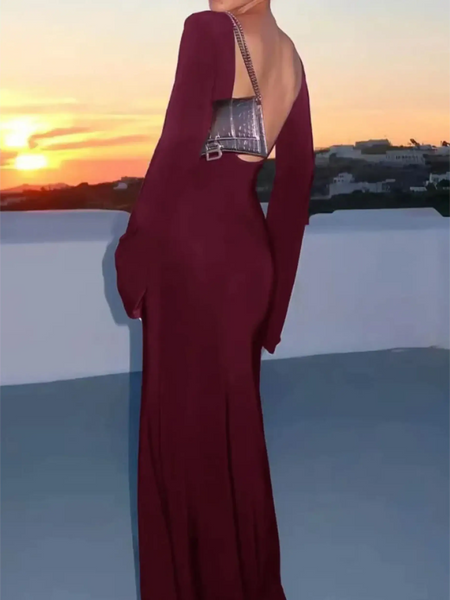Trendsi maxi dress in deep red with long sleeves and open back perfect as a white swimsuit cover up long sleeve alternative