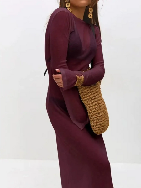 Trendsi maxi dress styled as a white swimsuit cover up long sleeve alternative with a woven bag