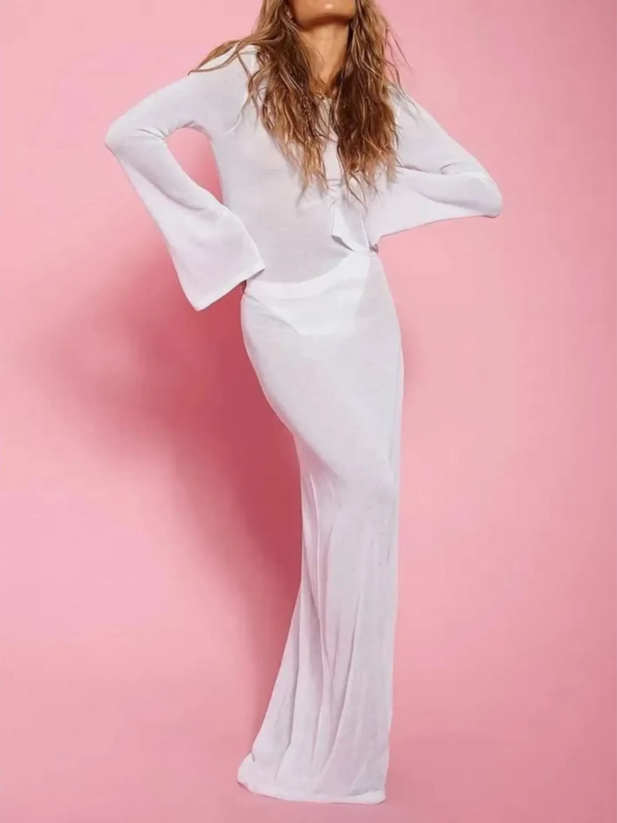 Trendsi white swimsuit cover up long sleeve maxi dress with bell sleeves on model