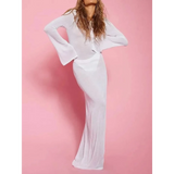 Trendsi white swimsuit cover up long sleeve maxi dress with bell sleeves on model