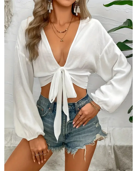 Trendsi white tie front long sleeve cropped top with deep V neck and loose sleeves