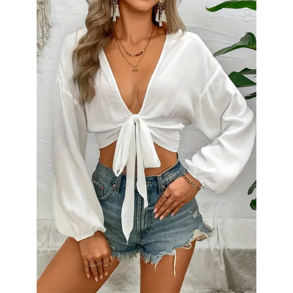 Trendsi white tie front long sleeve cropped top with deep V neck and loose sleeves