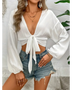 Trendsi white tie front long sleeve cropped top with deep V neck and loose sleeves