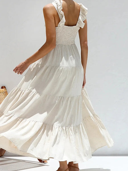 Trendsi women's resort maxi dress in white with ruffled straps and tiered flowing skirt