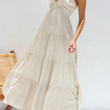 Trendsi women's resort maxi dress in light beige with tiered skirt and ruffle straps perfect for summer