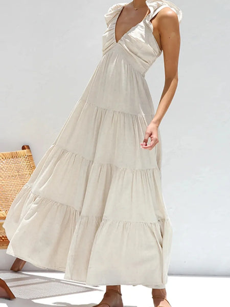 Trendsi women's resort maxi dress in light beige with tiered skirt and ruffle straps perfect for summer