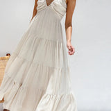 Trendsi women's resort maxi dress in light beige with ruffled sleeves and tiered skirt design