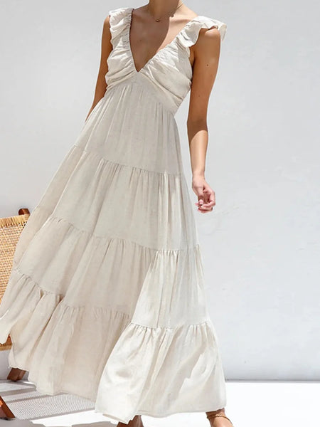 Trendsi women's resort maxi dress in light beige with ruffled sleeves and tiered skirt design
