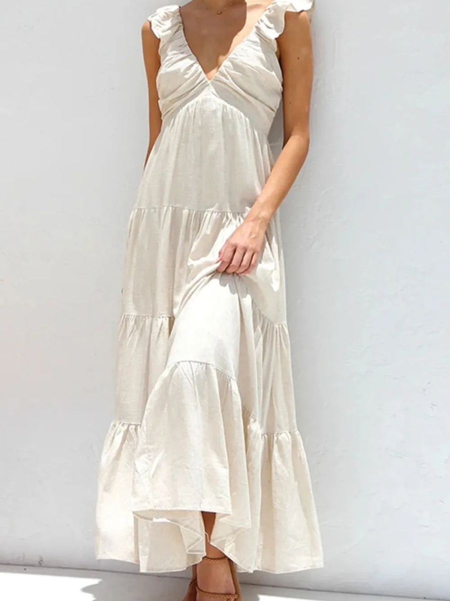 Trendsi women's resort maxi dress in white with ruffled sleeves and tiered skirt