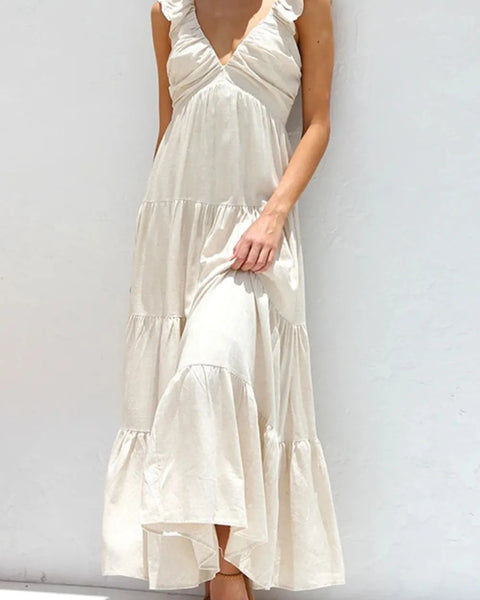 Trendsi women's resort maxi dress in white with ruffled sleeves and tiered skirt