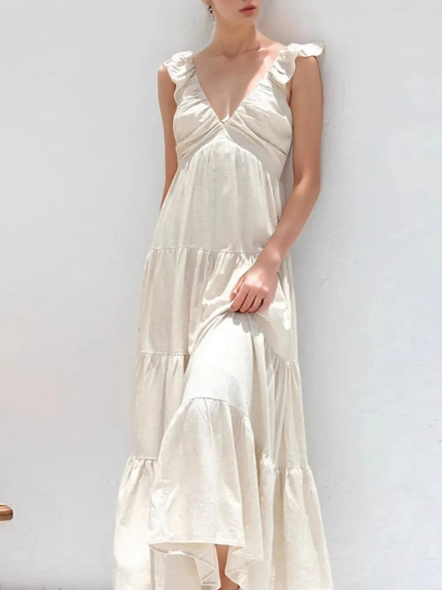 Trendsi women's resort maxi dress in light beige with ruffle sleeves and tiered skirt