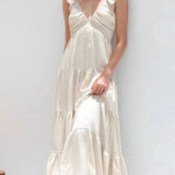 Trendsi women's resort maxi dress in light beige with ruffle sleeves and tiered skirt