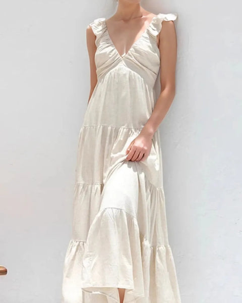 Trendsi women's resort maxi dress in light beige with ruffle sleeves and tiered skirt