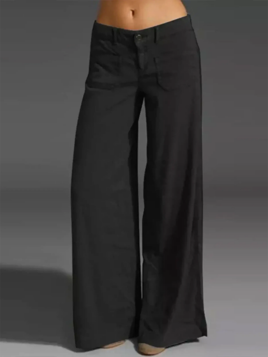 Babe Beachwear black wide leg pocketed pants mid rise with relaxed fit and button closure