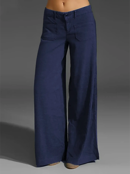 Babe Beachwear navy blue wide leg pocketed pants mid rise with front patch pockets and relaxed fit