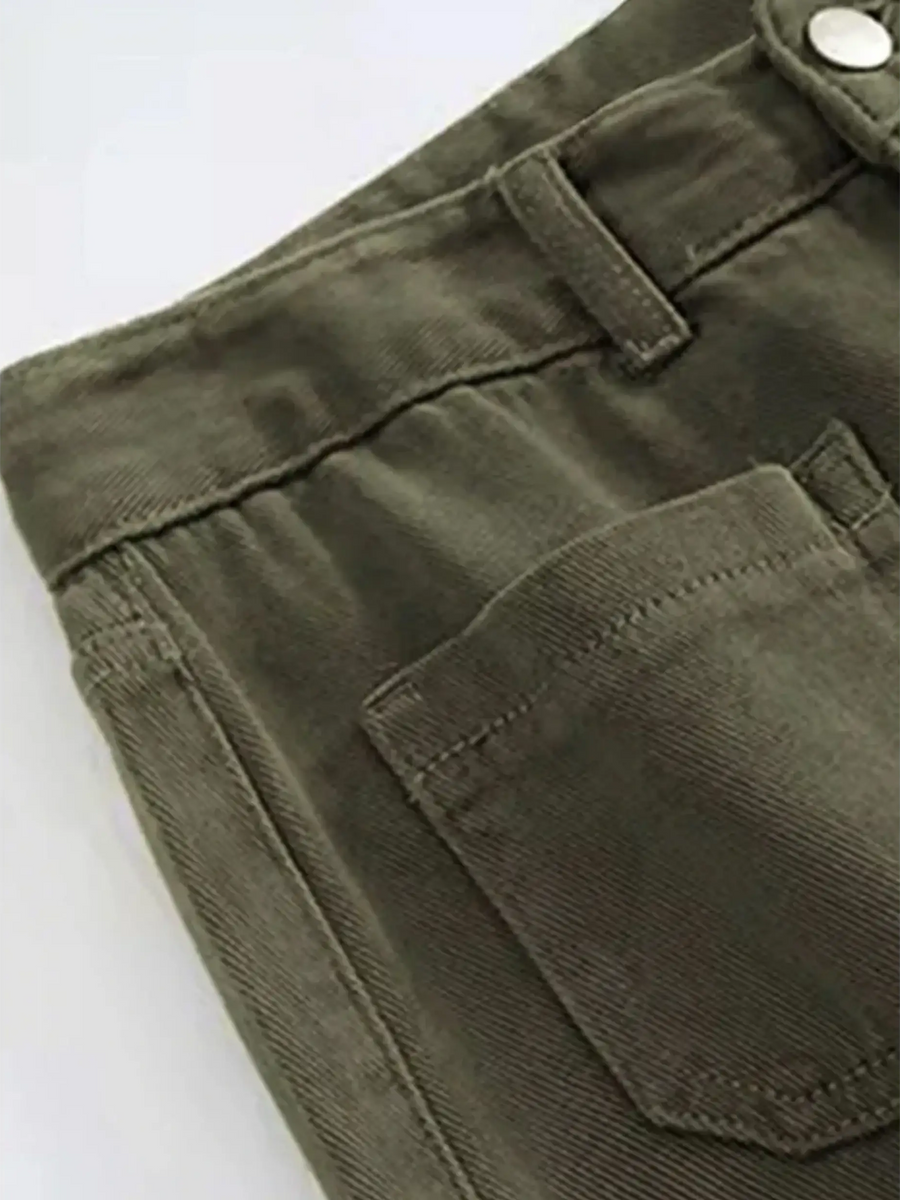 Babe Beachwear wide leg pocketed pants mid rise in olive green close-up showing pocket and waistband details