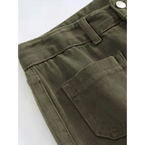 Babe Beachwear wide leg pocketed pants mid rise in olive green close-up showing pocket and waistband details