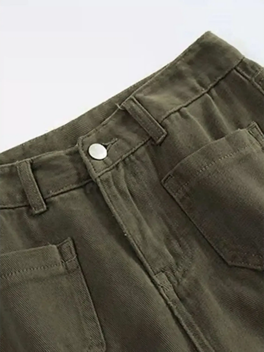 Babe Beachwear wide leg pocketed pants mid rise in olive green with front pockets and belt loops