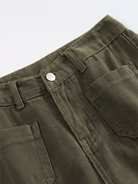 Babe Beachwear wide leg pocketed pants mid rise in olive green with front pockets and button closure