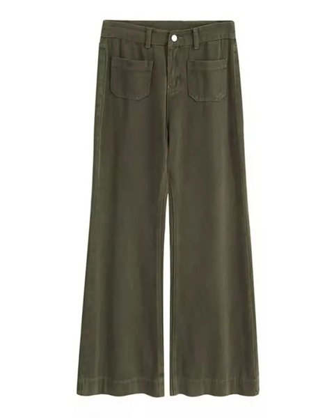 Babe Beachwear wide leg pocketed pants mid rise in olive green with front patch pockets