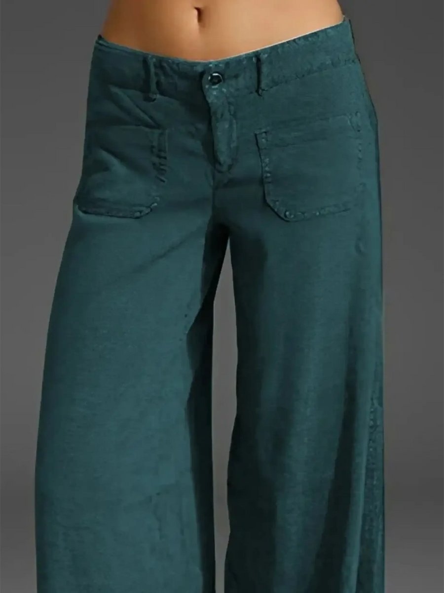 Babe Beachwear wide leg pocketed pants mid rise in teal color with front pockets and relaxed fit