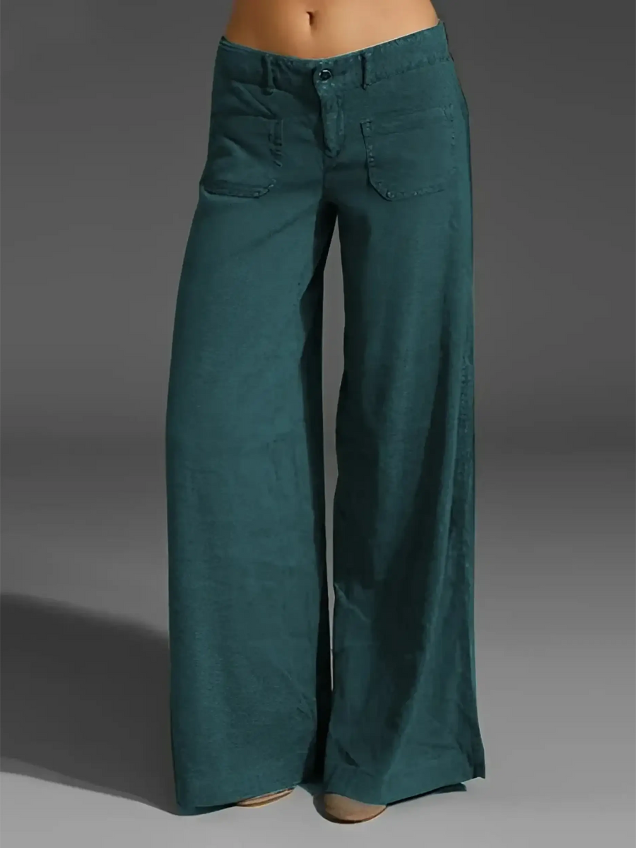 Babe Beachwear wide leg pocketed pants mid rise in dark teal with front pockets and relaxed fit