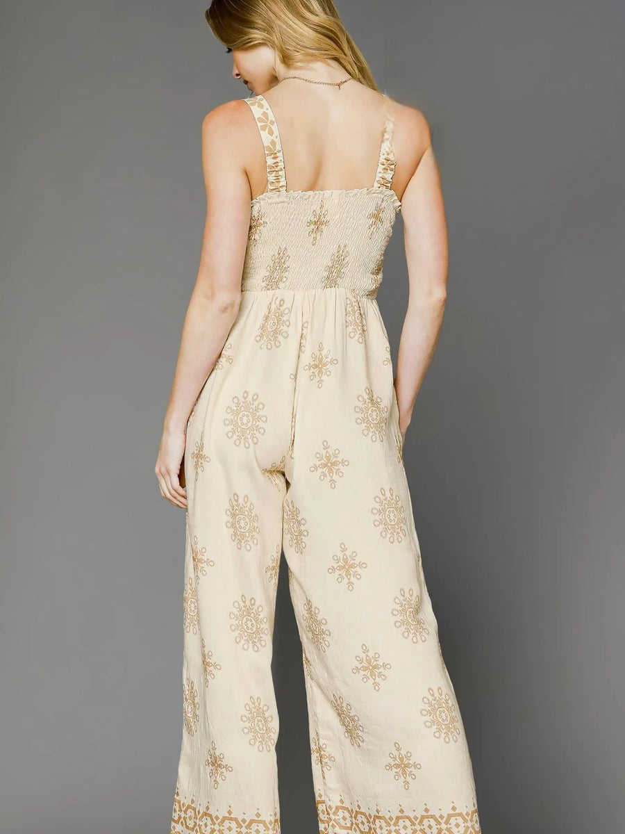 Trendsi cream and latte Wide Leg Sleeveless Summer Jumpsuit with embroidered pattern and smocked bodice