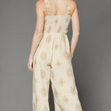 Trendsi cream and latte Wide Leg Sleeveless Summer Jumpsuit with embroidered pattern and smocked bodice