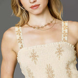 Trendsi Wide Leg Sleeveless Summer Jumpsuit in cream latte with floral embroidery and patterned straps