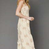Trendsi wide leg sleeveless summer jumpsuit in cream latte with floral embroidery and smocked bodice