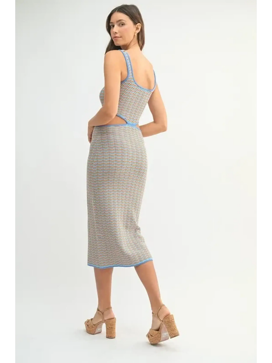 Back Side chevron knit bodycon midi dress with sleeveless design and blue trim on model