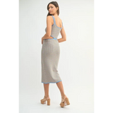Back Side chevron knit bodycon midi dress with sleeveless design and blue trim on model