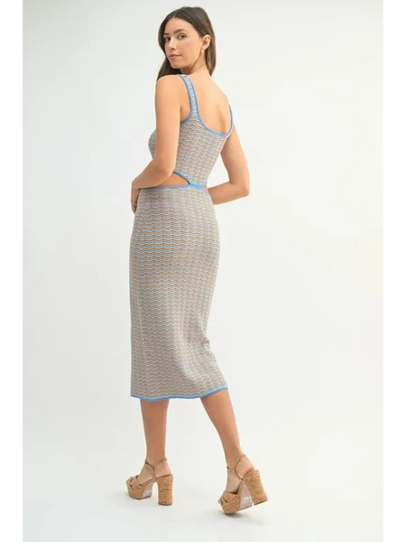 Back Side chevron knit bodycon midi dress with sleeveless design and blue trim on model