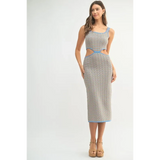lovely chevron knit bodycon midi dress with cutout sides and blue trim worn by model