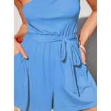 women's affordable beachwear romper in blue with one-shoulder design and waist tie