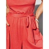 women's affordable beachwear romper in coral with waist tie and pockets