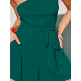 women's affordable beachwear romper in green with a one-shoulder design and waist tie