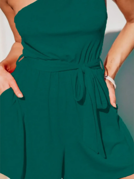 women's affordable beachwear romper in green with a one-shoulder design and waist tie