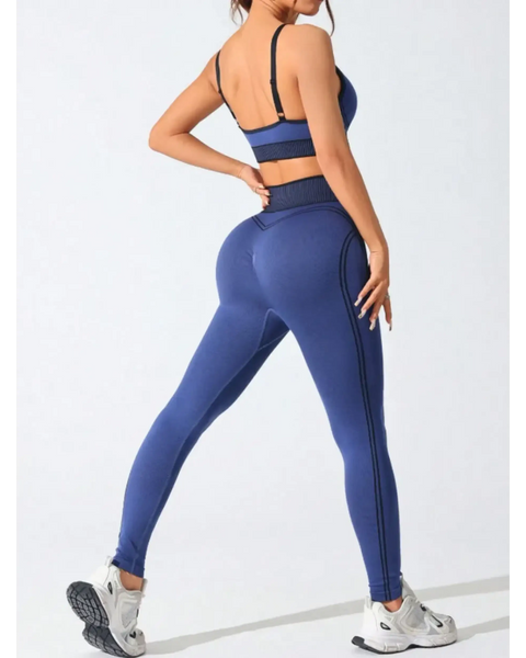Trendsi women's athletic cami leggings set in navy blue shown from back with black stripes