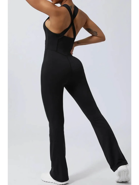 Babe Beachwear women's athletic crisscross jumpsuit in black with flared legs and supportive straps